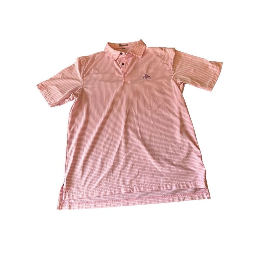 Peter Millar Men's Large Pink Striped Polo Shirt 92% Polyester 8% Spandex